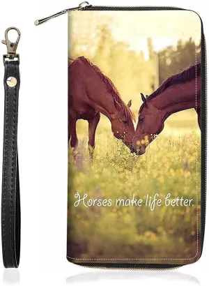 Women's Horses Make Life Better Print PU Leather Zipper Wallet, Large Capacity, Compact, Black