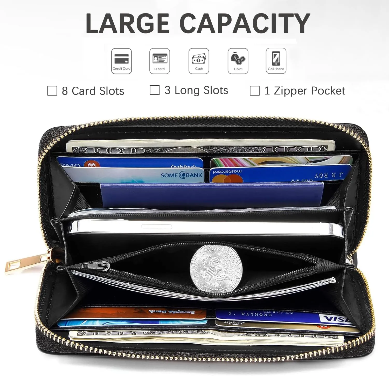 Women's Horses Make Life Better Print PU Leather Zipper Wallet, Large Capacity, Compact, Black