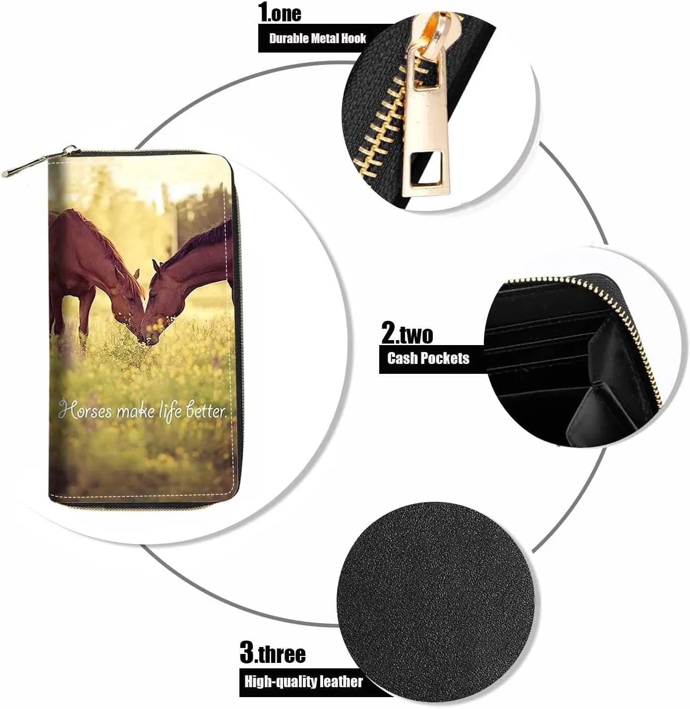 Women's Horses Make Life Better Print PU Leather Zipper Wallet, Large Capacity, Compact, Black