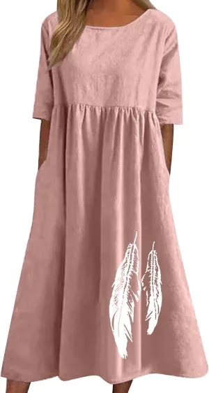 Women's Linen Dresses Elegant Vintage Boho Flower Printed Sundress Plus Size Summer Crewneck Short Sleeve Dress