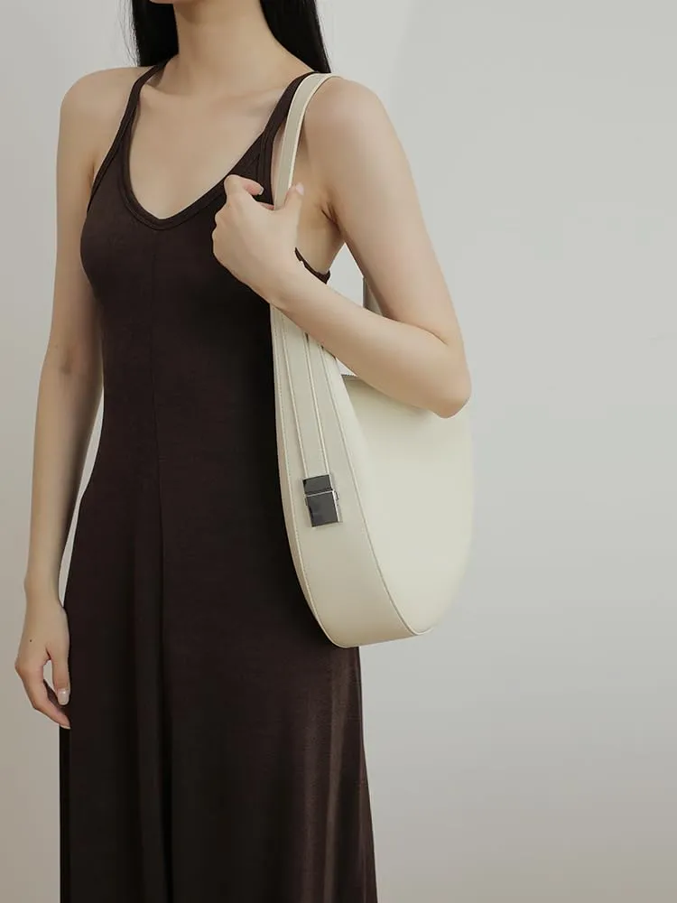 Women's Minimalist Cowhide Shoulder Crossbody Underarm Bag Hand Carry Genuine Leather Crescent Bucket Bag Hobo Versatile