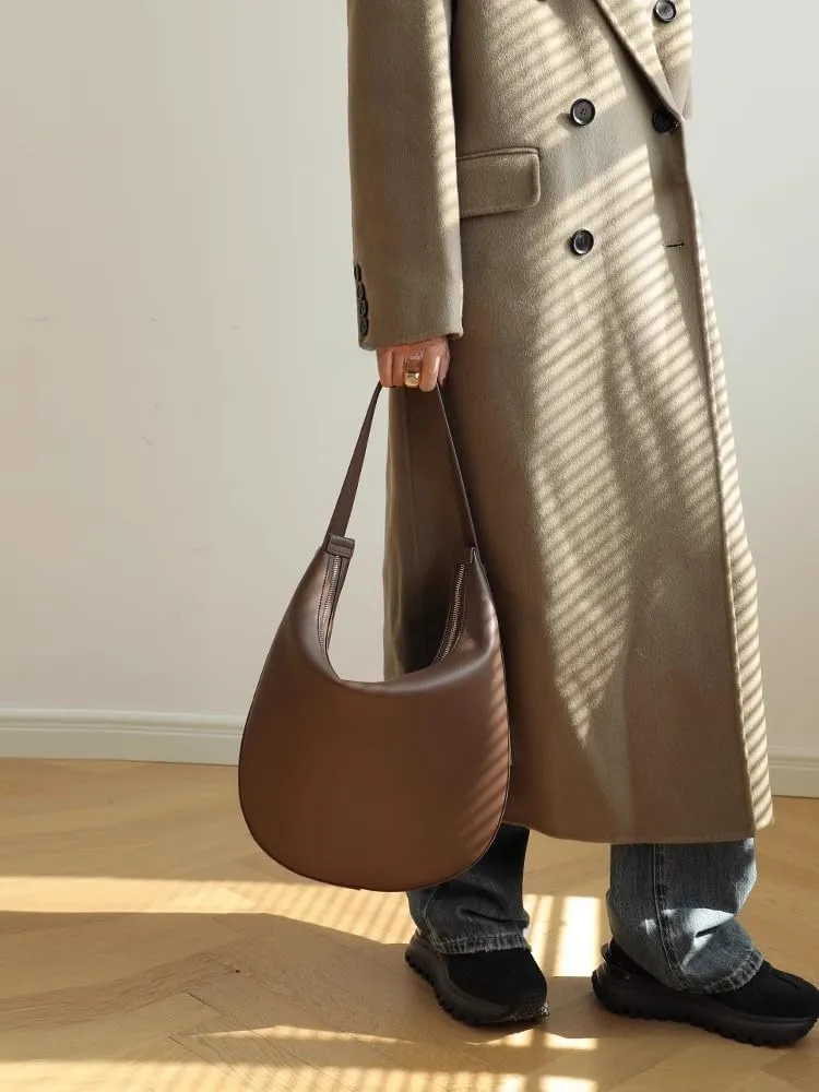 Women's Minimalist Cowhide Shoulder Crossbody Underarm Bag Hand Carry Genuine Leather Crescent Bucket Bag Hobo Versatile