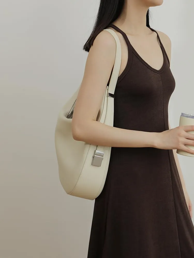 Women's Minimalist Cowhide Shoulder Crossbody Underarm Bag Hand Carry Genuine Leather Crescent Bucket Bag Hobo Versatile