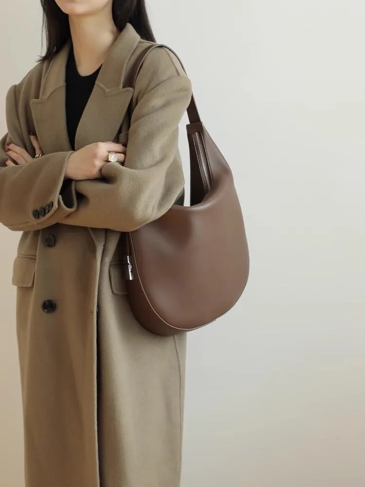 Women's Minimalist Cowhide Shoulder Crossbody Underarm Bag Hand Carry Genuine Leather Crescent Bucket Bag Hobo Versatile