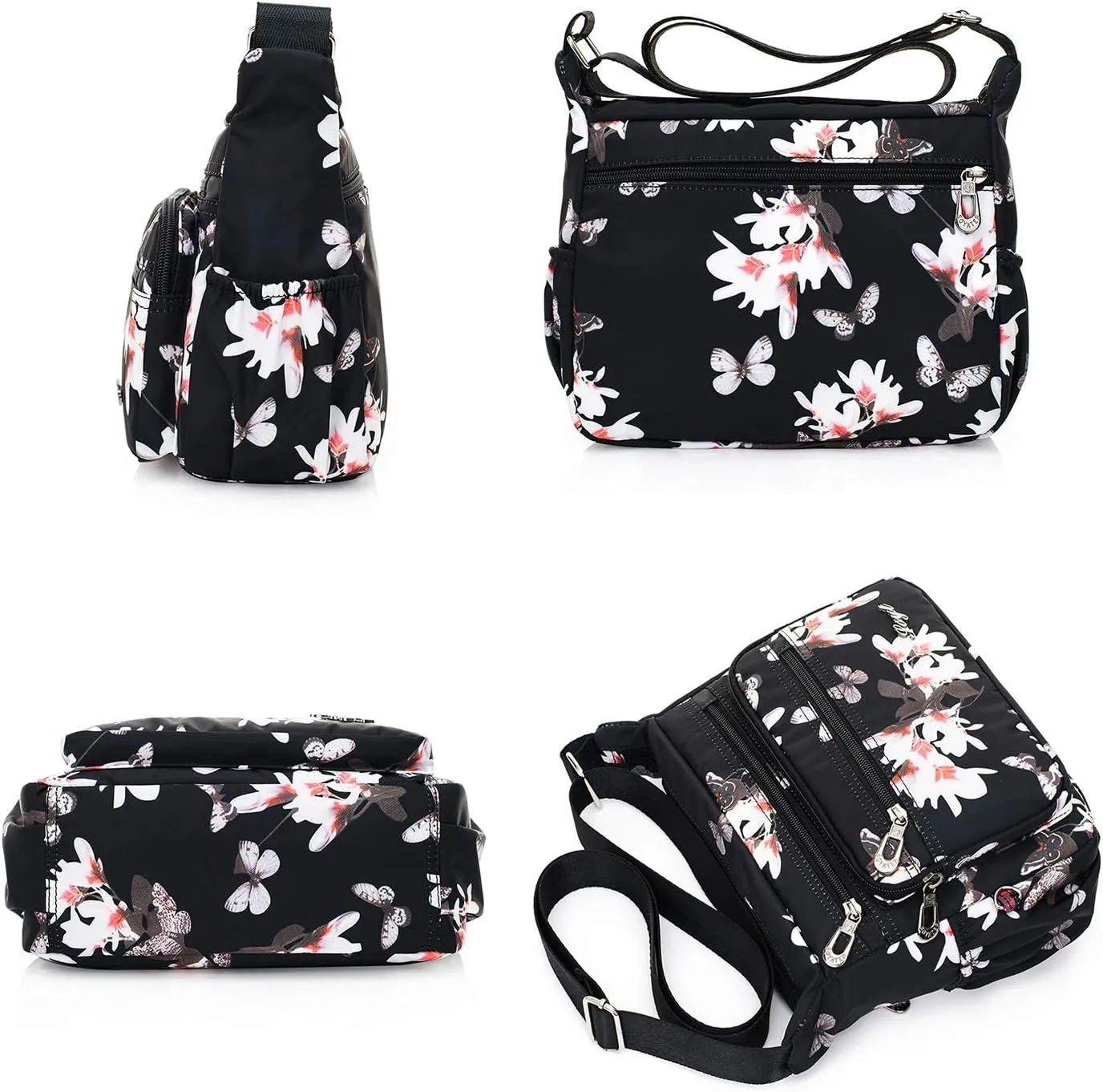 Womens Nylon Floral Shoulder Bag Crossbody Bag Messenger Bags Travel Handbags With Adjustable Strap Waterproof
