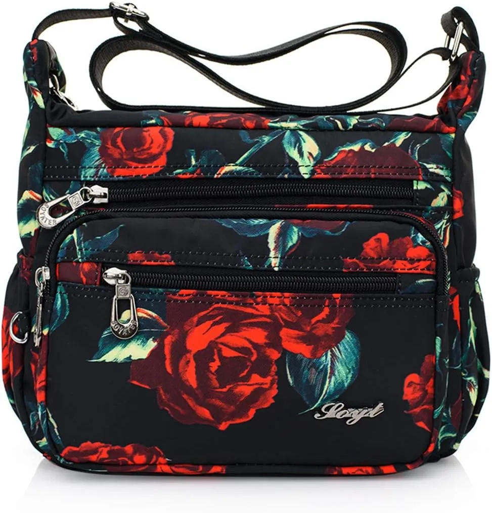 Womens Nylon Floral Shoulder Bag Crossbody Bag Messenger Bags Travel Handbags With Adjustable Strap Waterproof