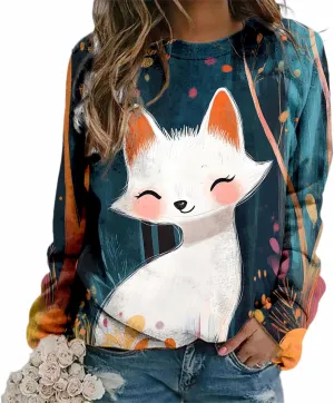 Womens Oversized Fox Sweatshirts Pullover Casual Long Sleeve Crewneck Funny Graphic Shirts Plus Size Tops Sweater