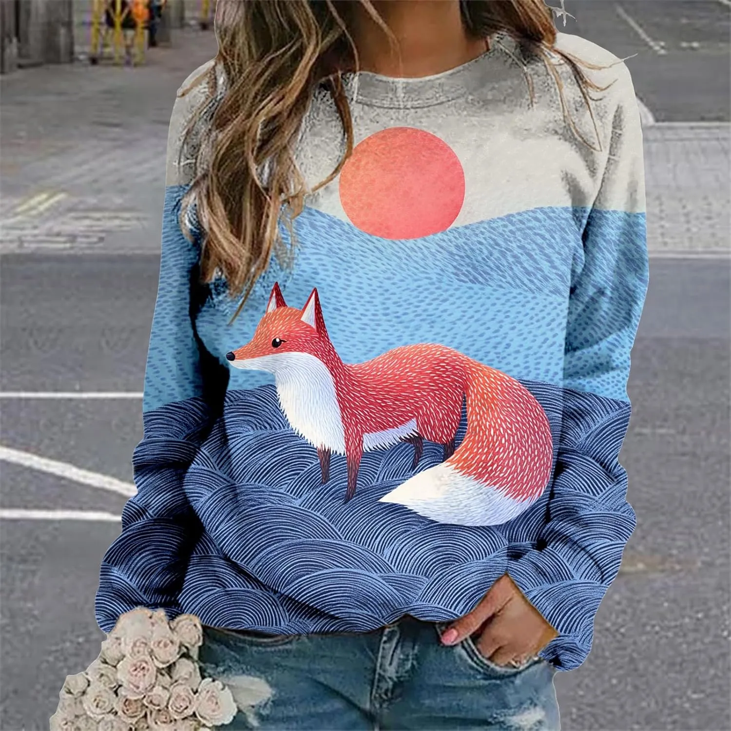 Womens Oversized Fox Sweatshirts Pullover Casual Long Sleeve Crewneck Funny Graphic Shirts Plus Size Tops Sweater