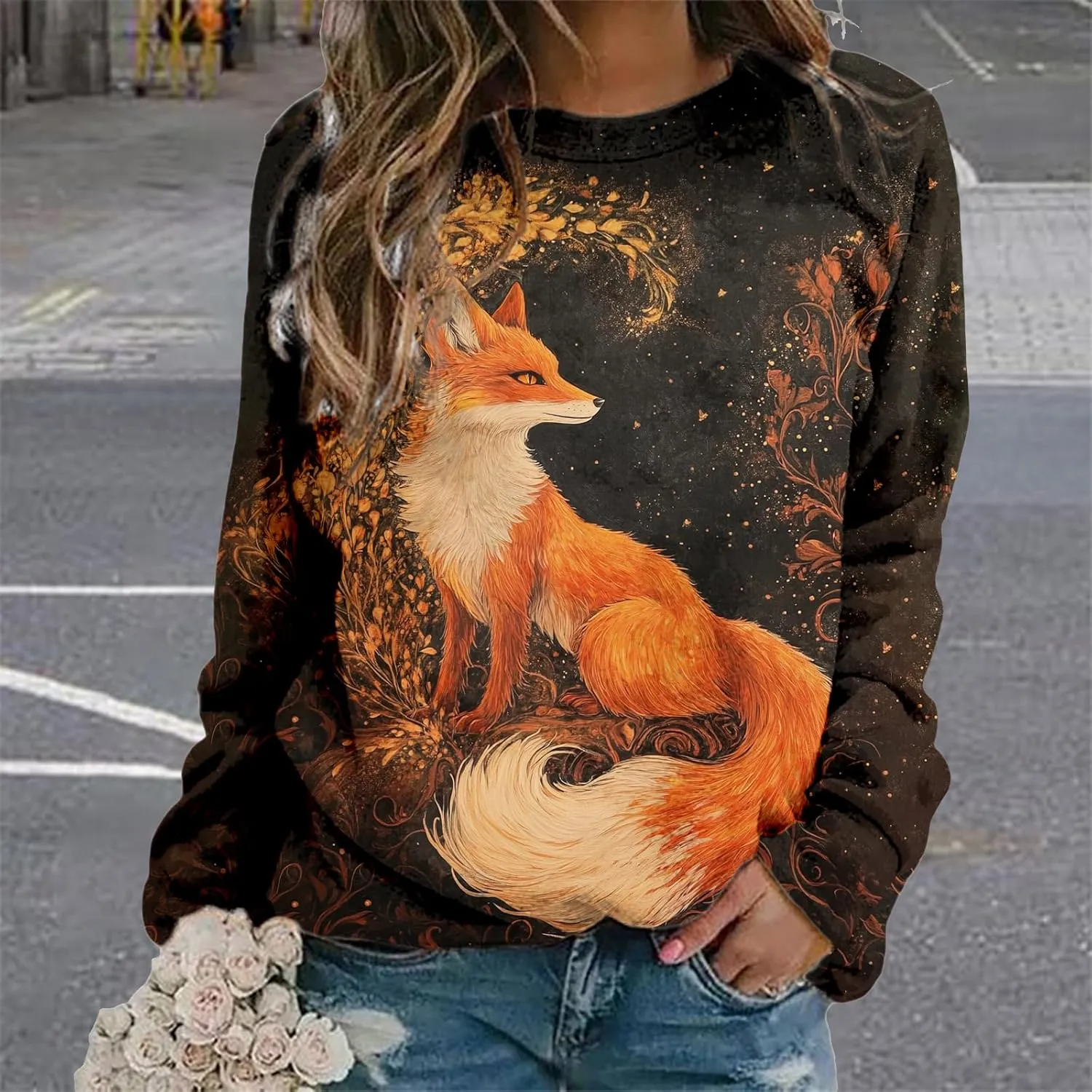 Womens Oversized Fox Sweatshirts Pullover Casual Long Sleeve Crewneck Funny Graphic Shirts Plus Size Tops Sweater