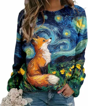 Womens Oversized Fox Sweatshirts Pullover Casual Long Sleeve Crewneck Funny Graphic Shirts Plus Size Tops Sweater