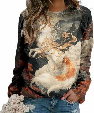 Womens Oversized Fox Sweatshirts Pullover Casual Long Sleeve Crewneck Funny Graphic Shirts Plus Size Tops Sweater