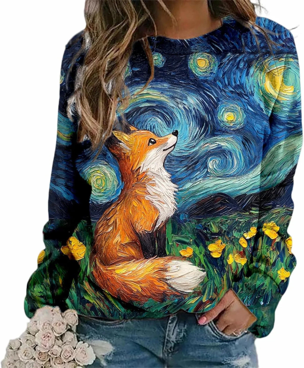 Womens Oversized Fox Sweatshirts Pullover Casual Long Sleeve Crewneck Funny Graphic Shirts Plus Size Tops Sweater