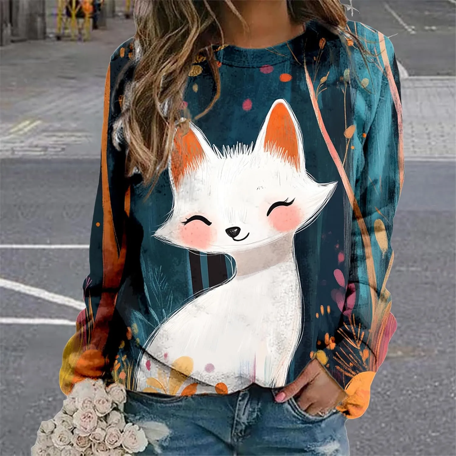 Womens Oversized Fox Sweatshirts Pullover Casual Long Sleeve Crewneck Funny Graphic Shirts Plus Size Tops Sweater