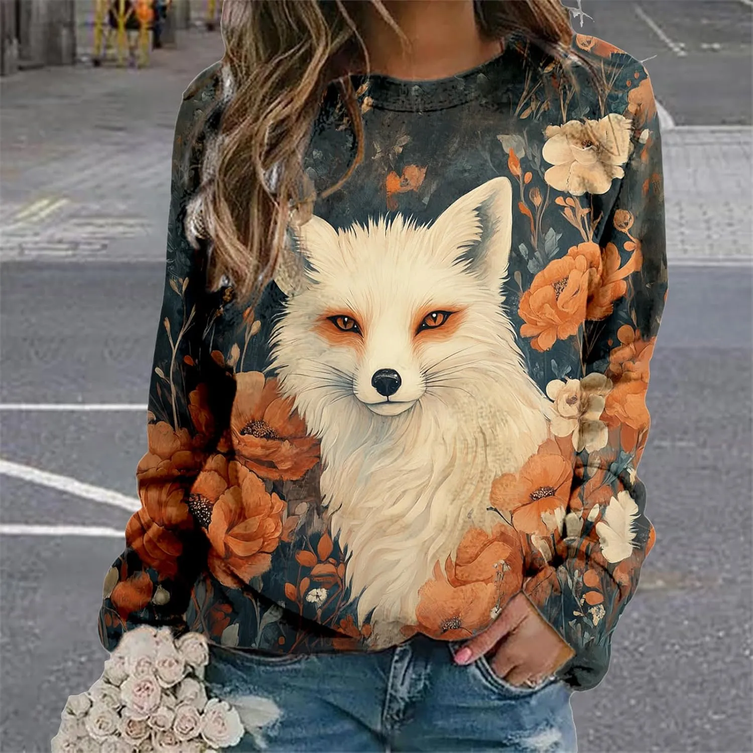 Womens Oversized Fox Sweatshirts Pullover Casual Long Sleeve Crewneck Funny Graphic Shirts Plus Size Tops Sweater