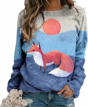 Womens Oversized Fox Sweatshirts Pullover Casual Long Sleeve Crewneck Funny Graphic Shirts Plus Size Tops Sweater