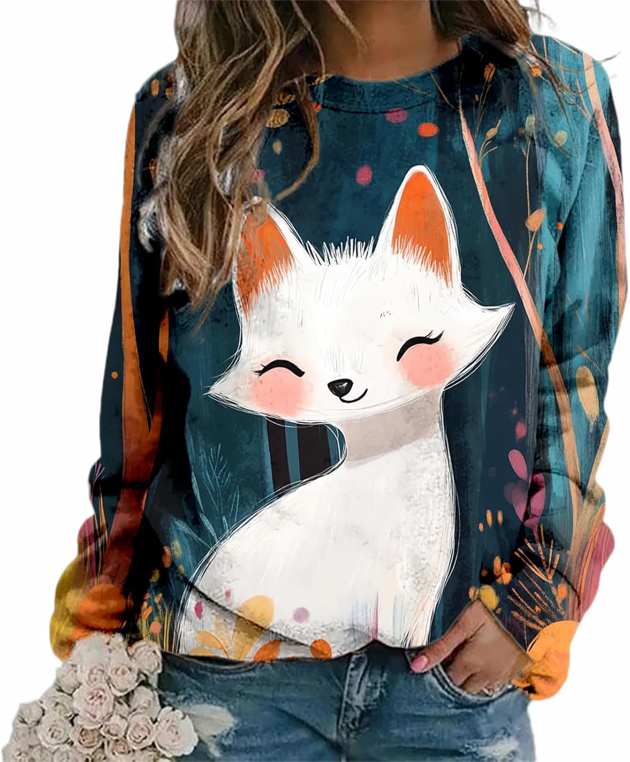 Womens Oversized Fox Sweatshirts Pullover Casual Long Sleeve Crewneck Funny Graphic Shirts Plus Size Tops Sweater
