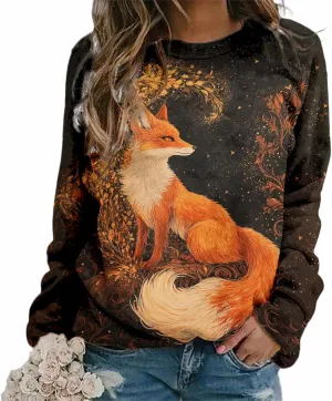 Womens Oversized Fox Sweatshirts Pullover Casual Long Sleeve Crewneck Funny Graphic Shirts Plus Size Tops Sweater
