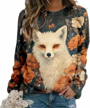 Womens Oversized Fox Sweatshirts Pullover Casual Long Sleeve Crewneck Funny Graphic Shirts Plus Size Tops Sweater