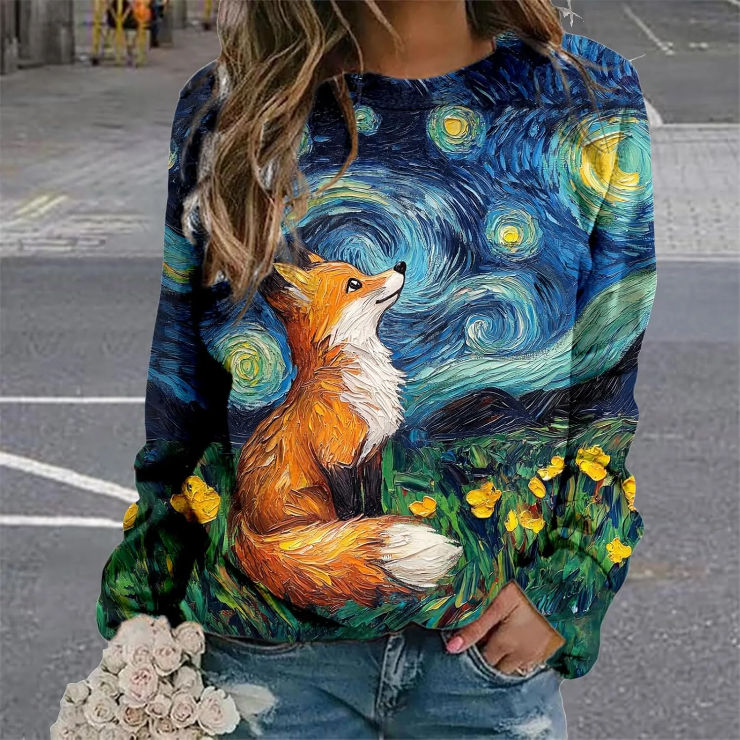 Womens Oversized Fox Sweatshirts Pullover Casual Long Sleeve Crewneck Funny Graphic Shirts Plus Size Tops Sweater