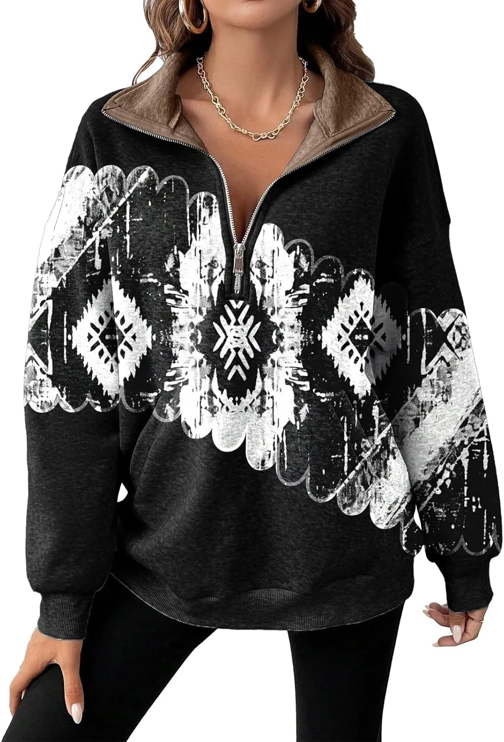 Womens Quarter Zip Pullover Oversized Sweatshirt Western Cowboy Aztec Print Long Sleeve Shirts Fall 2024 Outfits
