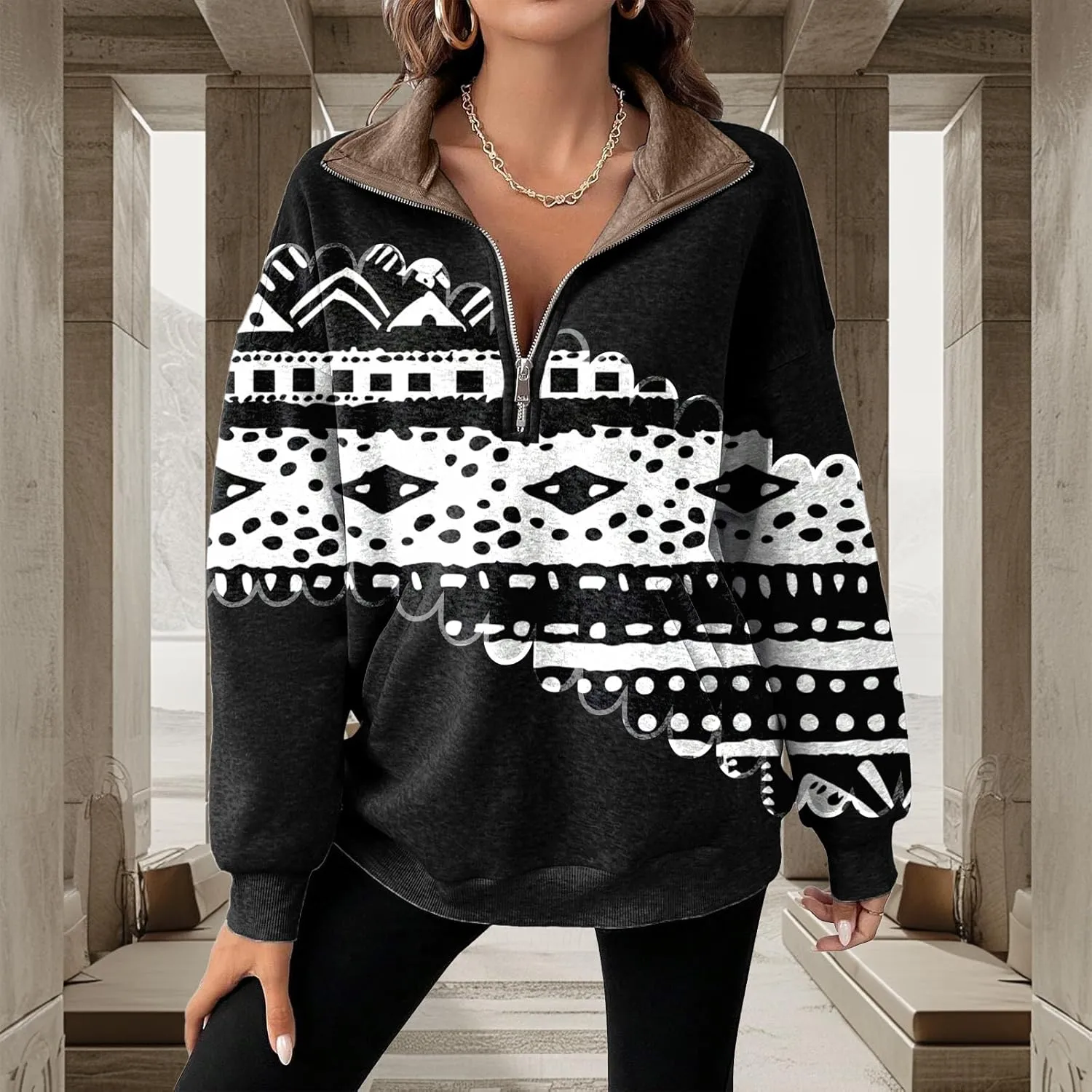 Womens Quarter Zip Pullover Oversized Sweatshirt Western Cowboy Aztec Print Long Sleeve Shirts Fall 2024 Outfits