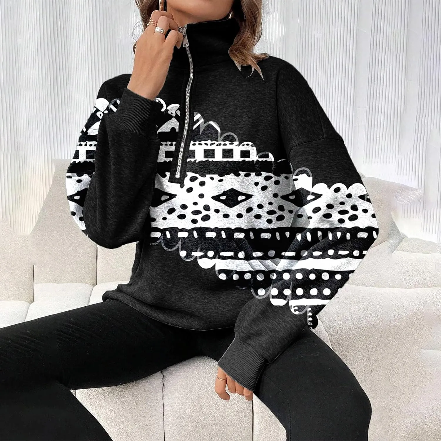 Womens Quarter Zip Pullover Oversized Sweatshirt Western Cowboy Aztec Print Long Sleeve Shirts Fall 2024 Outfits