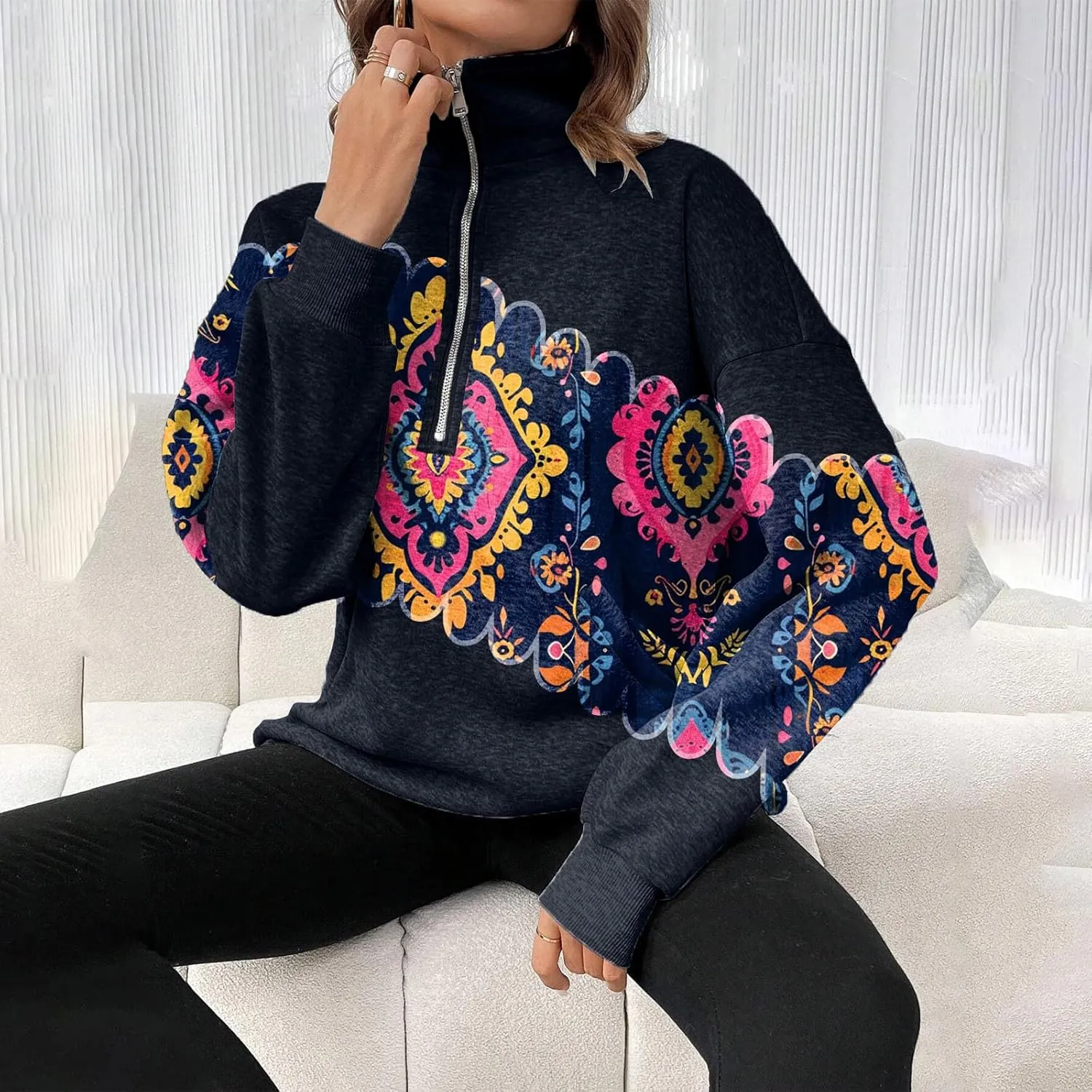 Womens Quarter Zip Pullover Oversized Sweatshirt Western Cowboy Aztec Print Long Sleeve Shirts Fall 2024 Outfits