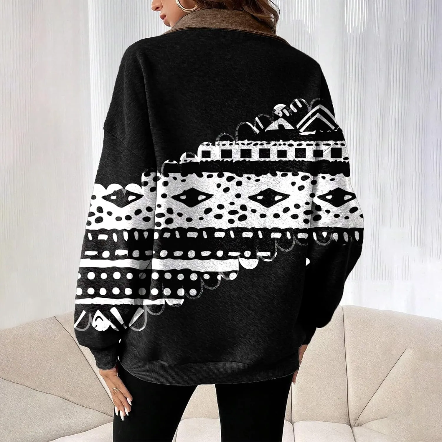 Womens Quarter Zip Pullover Oversized Sweatshirt Western Cowboy Aztec Print Long Sleeve Shirts Fall 2024 Outfits
