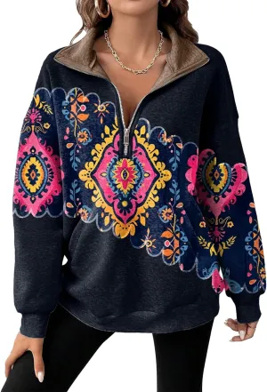 Womens Quarter Zip Pullover Oversized Sweatshirt Western Cowboy Aztec Print Long Sleeve Shirts Fall 2024 Outfits