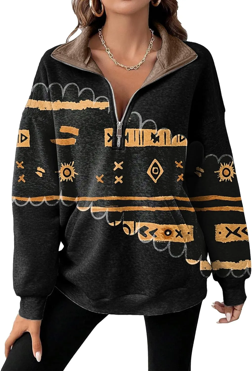 Womens Quarter Zip Pullover Oversized Sweatshirt Western Cowboy Aztec Print Long Sleeve Shirts Fall 2024 Outfits