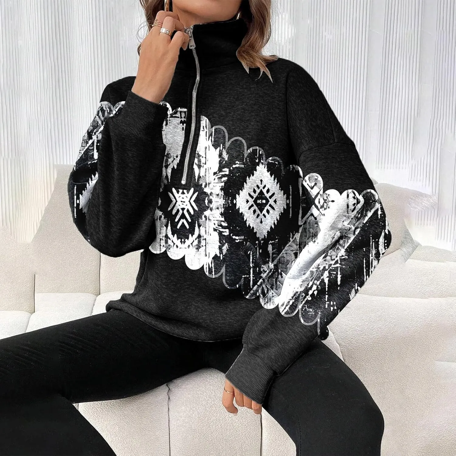 Womens Quarter Zip Pullover Oversized Sweatshirt Western Cowboy Aztec Print Long Sleeve Shirts Fall 2024 Outfits