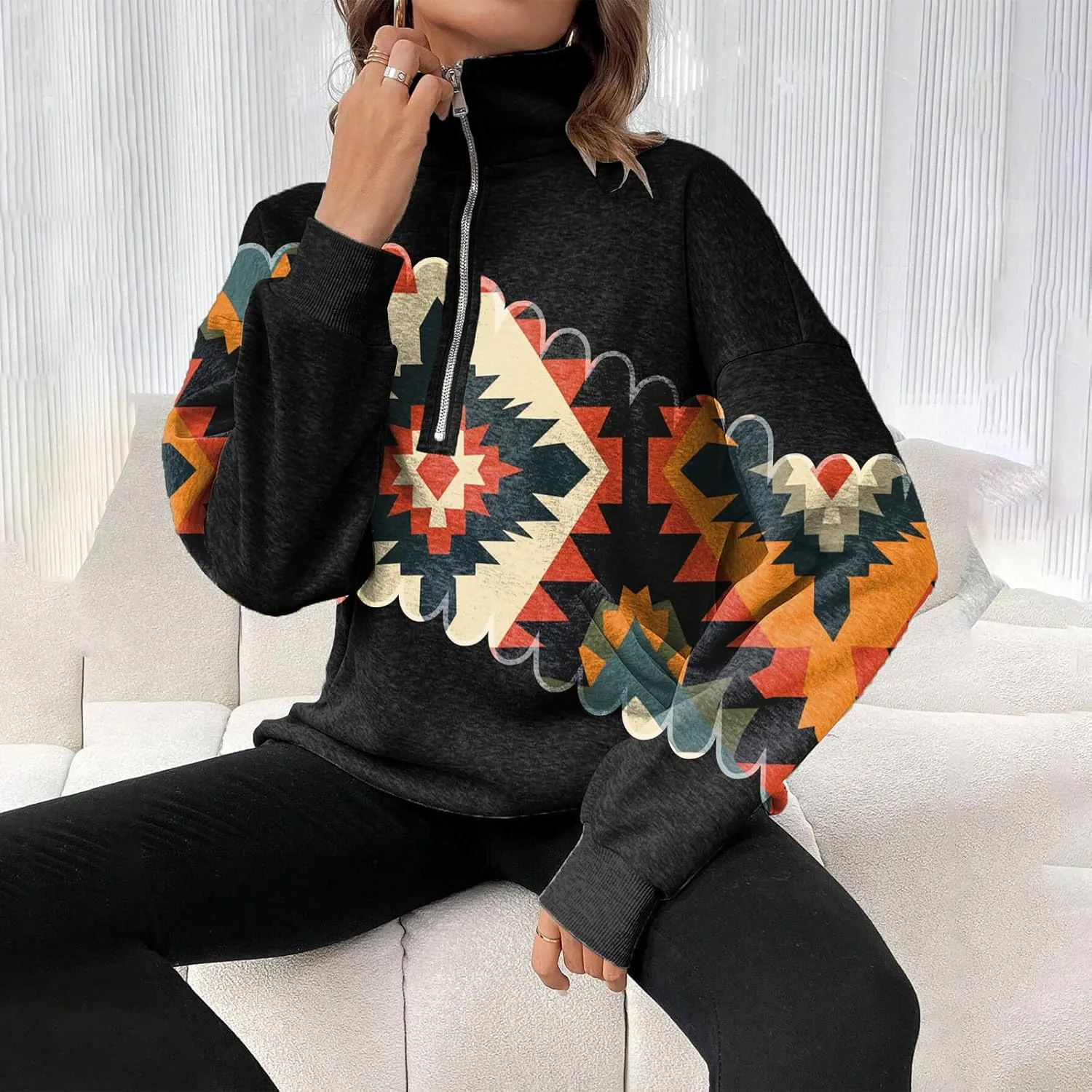 Womens Quarter Zip Pullover Oversized Sweatshirt Western Cowboy Aztec Print Long Sleeve Shirts Fall 2024 Outfits