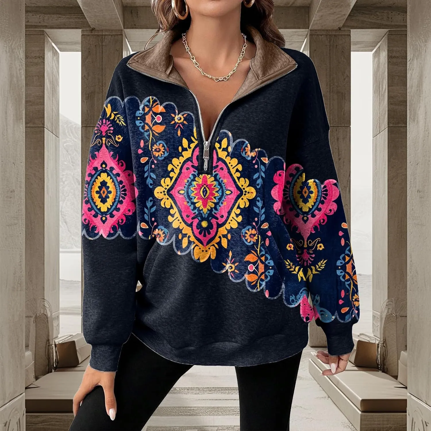 Womens Quarter Zip Pullover Oversized Sweatshirt Western Cowboy Aztec Print Long Sleeve Shirts Fall 2024 Outfits