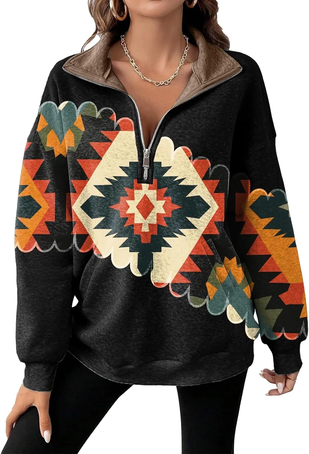 Womens Quarter Zip Pullover Oversized Sweatshirt Western Cowboy Aztec Print Long Sleeve Shirts Fall 2024 Outfits