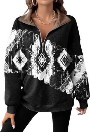 Womens Quarter Zip Pullover Oversized Sweatshirt Western Cowboy Aztec Print Long Sleeve Shirts Fall 2024 Outfits