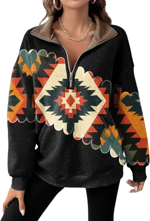 Womens Quarter Zip Pullover Oversized Sweatshirt Western Cowboy Aztec Print Long Sleeve Shirts Fall 2024 Outfits