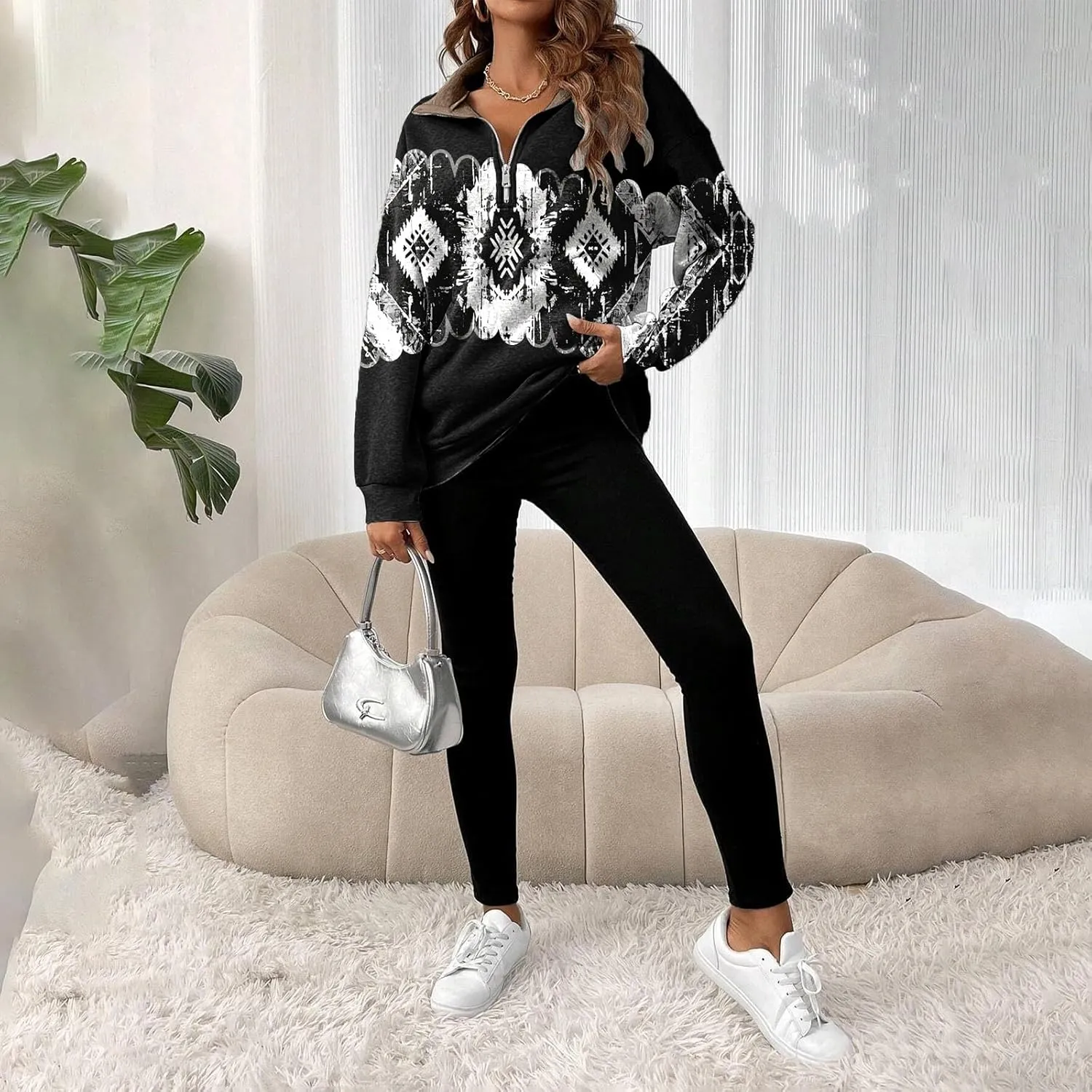 Womens Quarter Zip Pullover Oversized Sweatshirt Western Cowboy Aztec Print Long Sleeve Shirts Fall 2024 Outfits