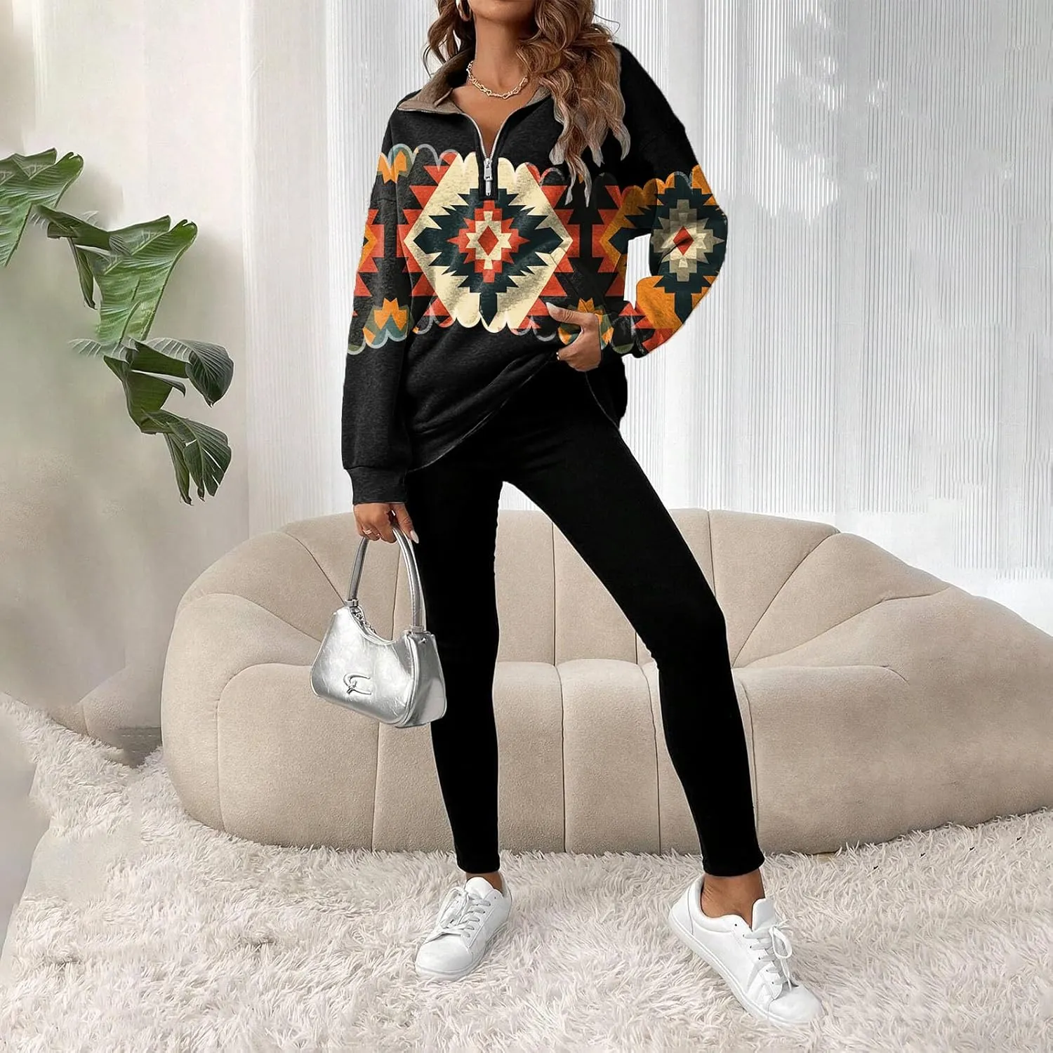 Womens Quarter Zip Pullover Oversized Sweatshirt Western Cowboy Aztec Print Long Sleeve Shirts Fall 2024 Outfits