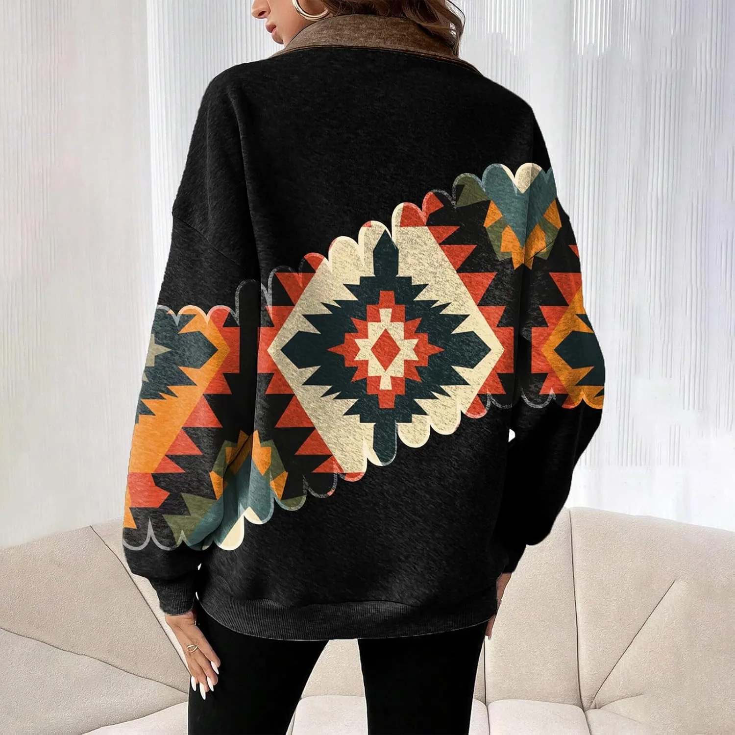 Womens Quarter Zip Pullover Oversized Sweatshirt Western Cowboy Aztec Print Long Sleeve Shirts Fall 2024 Outfits