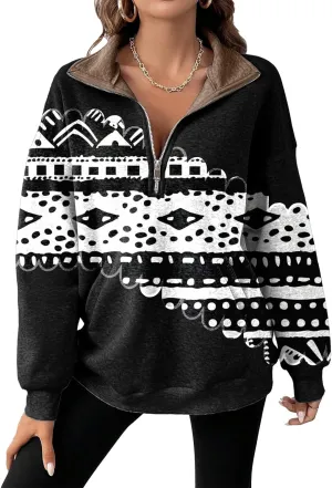 Womens Quarter Zip Pullover Oversized Sweatshirt Western Cowboy Aztec Print Long Sleeve Shirts Fall 2024 Outfits