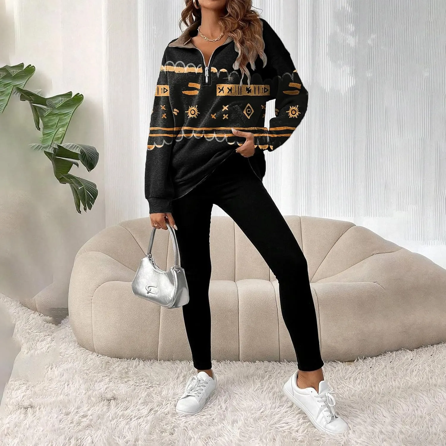 Womens Quarter Zip Pullover Oversized Sweatshirt Western Cowboy Aztec Print Long Sleeve Shirts Fall 2024 Outfits