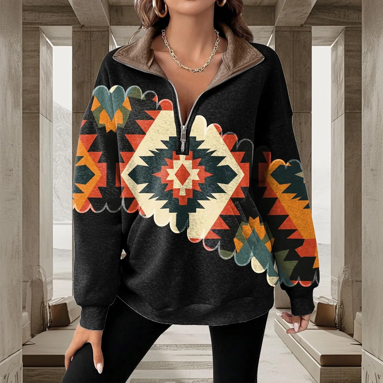 Womens Quarter Zip Pullover Oversized Sweatshirt Western Cowboy Aztec Print Long Sleeve Shirts Fall 2024 Outfits