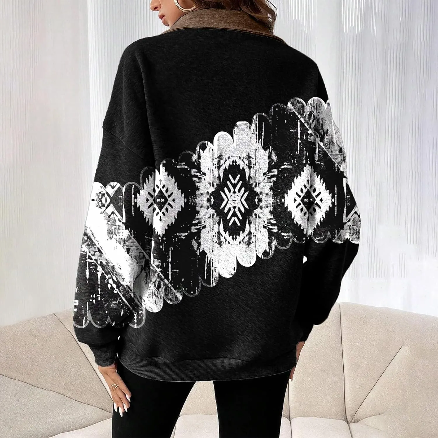 Womens Quarter Zip Pullover Oversized Sweatshirt Western Cowboy Aztec Print Long Sleeve Shirts Fall 2024 Outfits