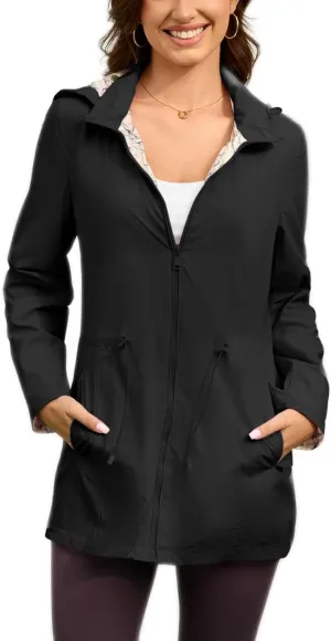 Women's Rain Jacket Long Lightweight Hooded Windbreaker Raincoat Outdoor Waterproof Trench Coats Travel Jacket