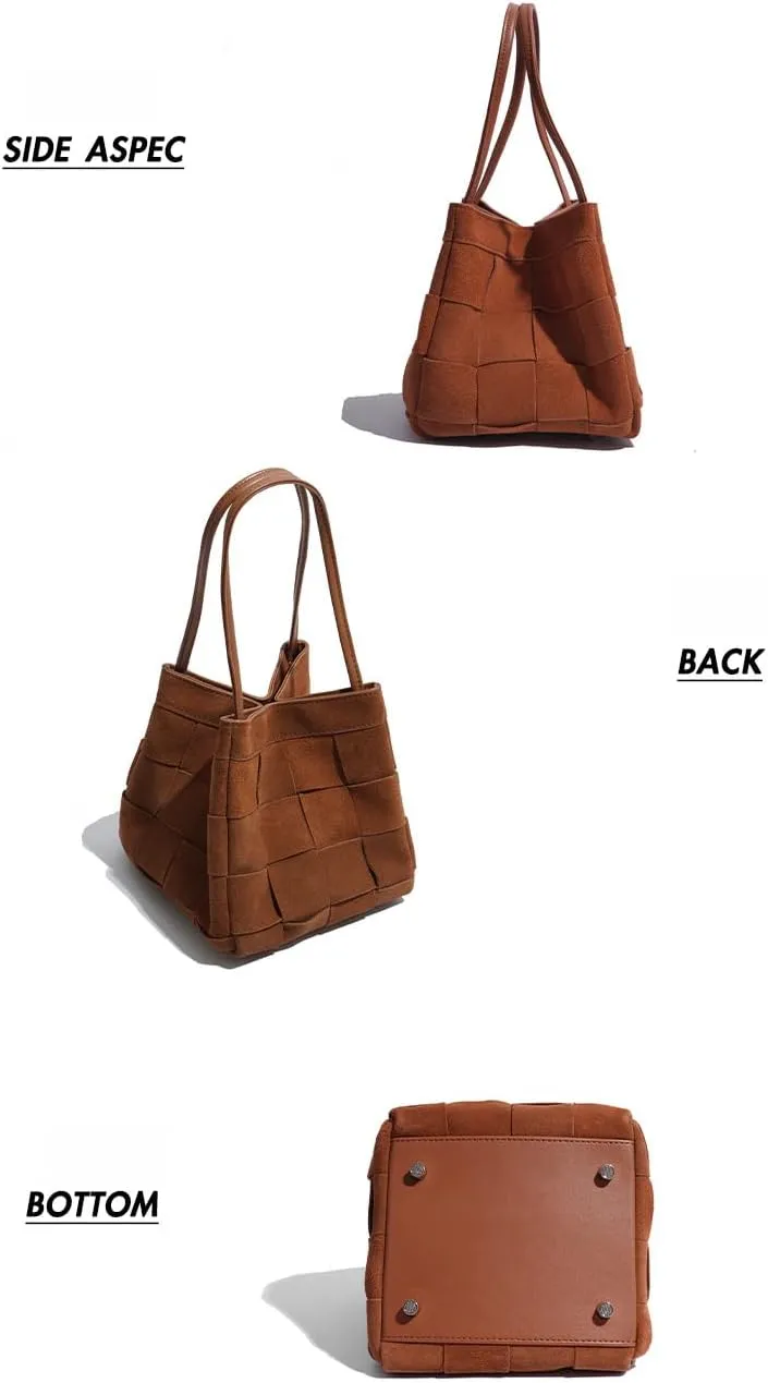 Women's Retro Suede Bucket Woven Box Bag Shoulder Crossbody Bag Versatile Handbag Hobo Chic Stylish Vintage Large Capacity