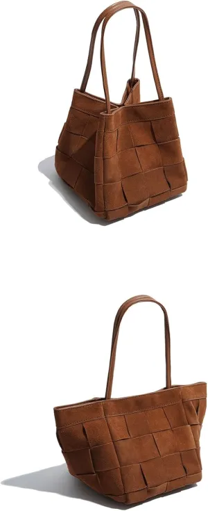 Women's Retro Suede Bucket Woven Box Bag Shoulder Crossbody Bag Versatile Handbag Hobo Chic Stylish Vintage Large Capacity