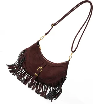 Womens Shoulder Bag Retro Crossbody Purse with Fringe Tassels and Adjustable Strap Spacious PU Leather Satchel Purse