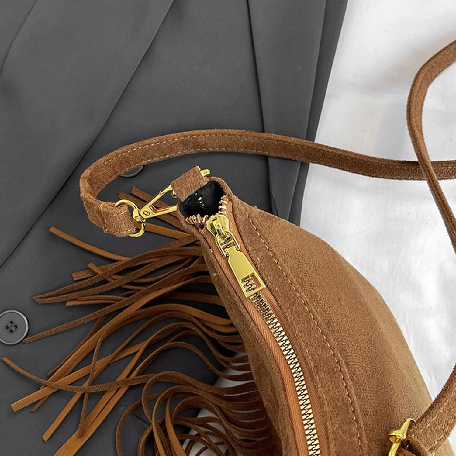 Womens Shoulder Bag Retro Crossbody Purse with Fringe Tassels and Adjustable Strap Spacious PU Leather Satchel Purse