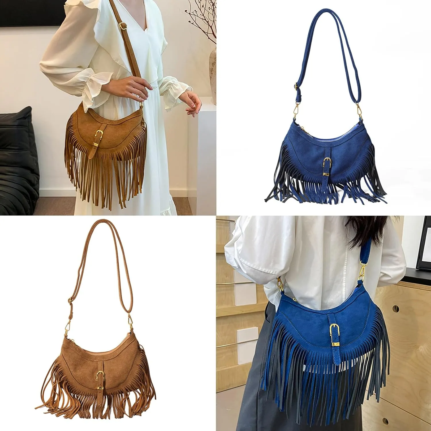 Womens Shoulder Bag Retro Crossbody Purse with Fringe Tassels and Adjustable Strap Spacious PU Leather Satchel Purse