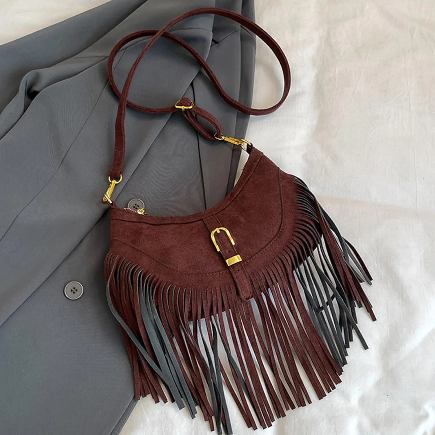 Womens Shoulder Bag Retro Crossbody Purse with Fringe Tassels and Adjustable Strap Spacious PU Leather Satchel Purse
